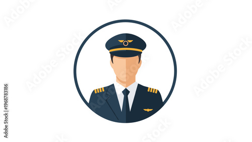 Professional airline pilot avatar icon wearing a dark navy uniform and captain hat with gold stripes in a circle frame.