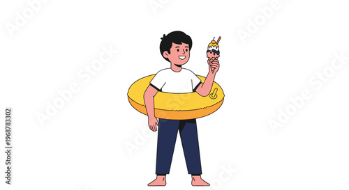 Young boy ready for the beach holding a large ice cream cone while wearing a bright yellow inner tube on a white background.