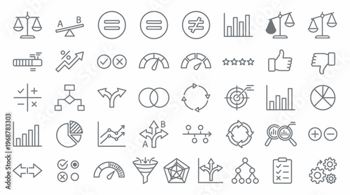 Set of linear icons representing business analytics, data visualization, process management, and strategic decision-making concepts.