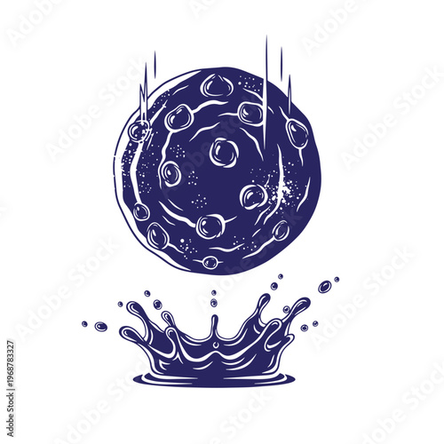 Dark blue of a round cookie falling into a liquid splash creating droplets and ripples on a white background