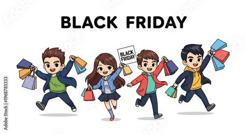 Enthusiastic group of young shoppers running with many bags and a sign during a major Black Friday sale event.