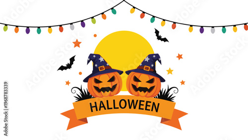 Festive Halloween banner featuring two carved pumpkins in wizard hats bats and a string of colorful party lights.