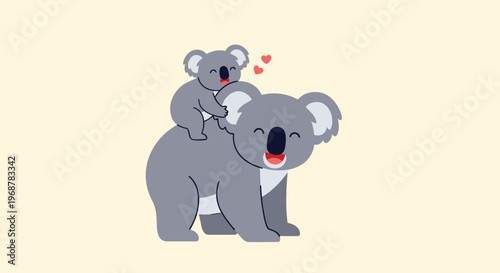 Sweet illustration of a koala mother carrying her baby on her back with floating hearts expressing love and care.