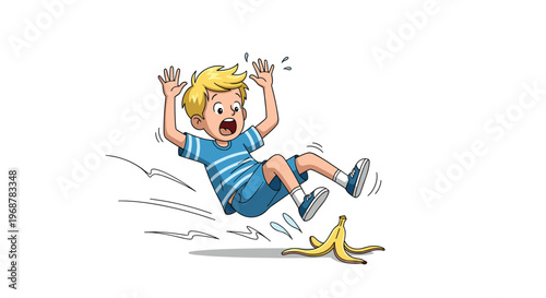 Humorous cartoon of a surprised young boy slipping on a yellow banana peel and falling backward in mid-air.