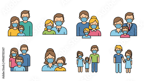 Large collection of diverse family groups and couples all wearing protective blue face masks to stay healthy.