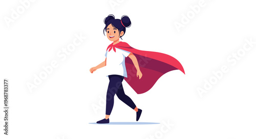 Confident young girl walking proudly while wearing a long red superhero cape representing strength and imagination.