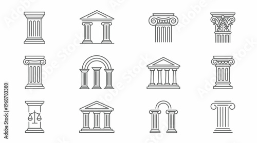 Set of various classical architectural columns and ancient building facades line art icons.