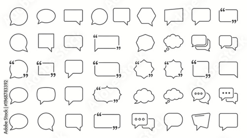 A comprehensive collection of outline speech bubbles, thought bubbles, and quotation mark frames in various shapes and styles, isolated on a white background.