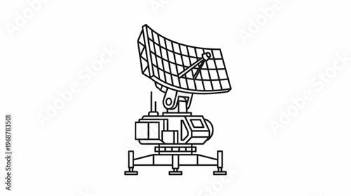 Detailed line art illustration of a large parabolic satellite dish or radar antenna, featuring a grid-like reflector and a sturdy base, on a plain white background.