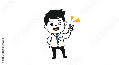 Cheerful young businessman or student in a white shirt and tie winking and showing a peace sign with a big smile.