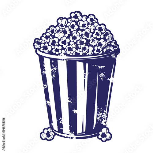 Dark blue popcorn bucket with a distressed vintage texture and striped pattern featuring overflowing popped corn kernels isolated on a white background