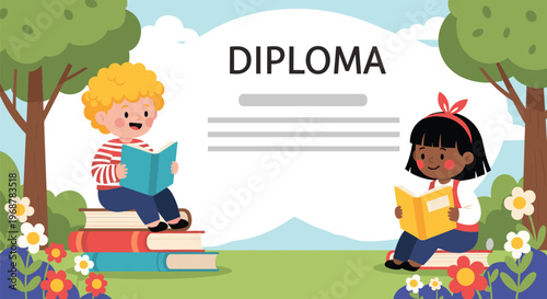 Two children sitting and reading books in a beautiful garden setting next to a large diploma certificate for school achievement.