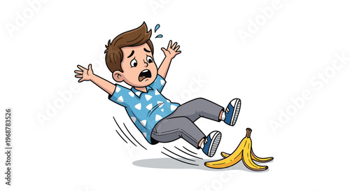 Scared cartoon boy loses his balance and slips on a banana peel illustrating a common humorous accident scenario.