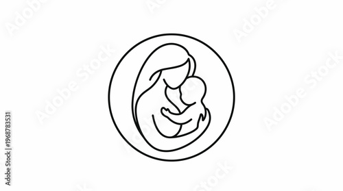 Minimalist line art illustration of a mother embracing her baby within a circular frame, symbolizing maternal love and care and the bond between parent and child.