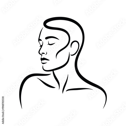 Black and white minimalist line of a woman's face and upper body in profile line woman