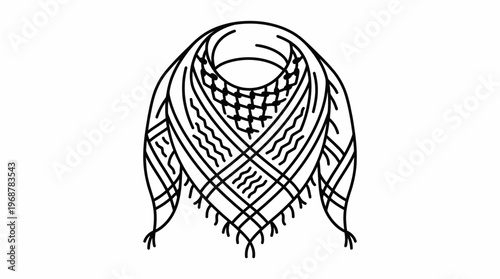 Line art illustration of a traditional Middle Eastern keffiyeh headscarf with intricate patterns and tassels, depicted in black and white.