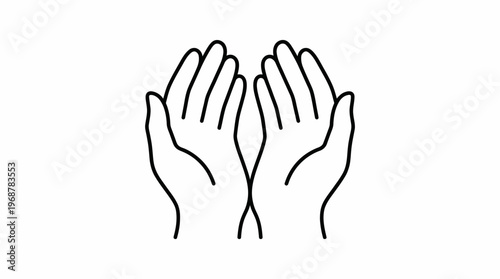 Simple line art illustration of two open hands, palms facing upwards, in a gesture of prayer, offering, or receiving, isolated on a white background.