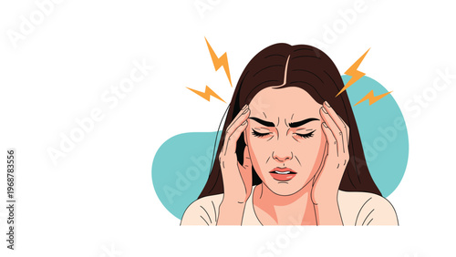 Illustration of a woman suffering from a severe migraine headache holding her temples with lightning bolt symbols.