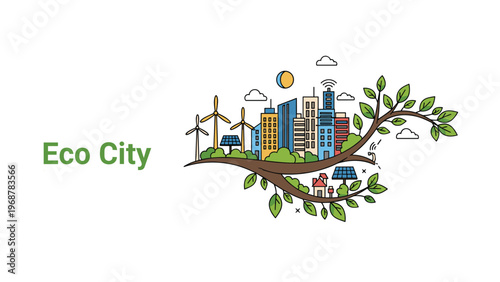 Conceptual eco city illustration showing a modern urban skyline growing on a tree branch with renewable energy.