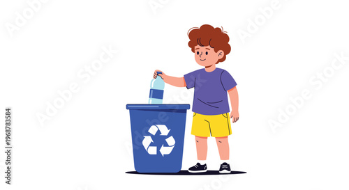 Responsible young boy putting a plastic water bottle into a blue recycling bin to help protect the environment.