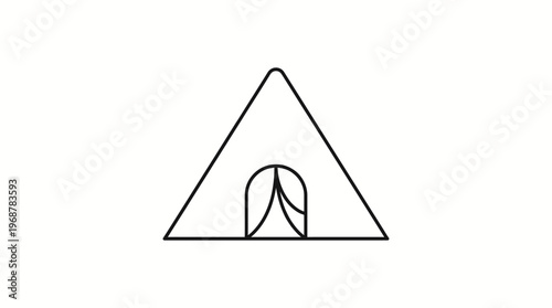 Simple black and white line art illustration of a classic A-frame camping tent with an arched entrance flap on a plain background.