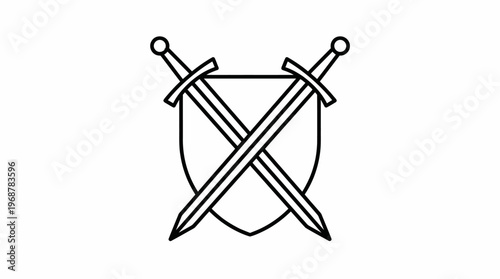 A simple line art drawing depicting a shield with two crossed swords, symbolizing protection, strength, and medieval combat.