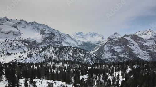 Aerial drone footage rotating over snowy alpine landscape with panoramic mountain range