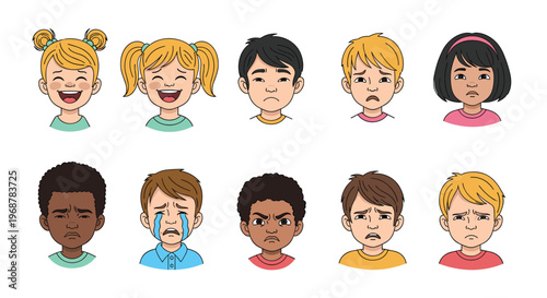 Set of diverse children faces expressing various emotions such as happiness sadness anger and crying on white background.