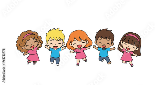 Diverse group of cheerful children jumping for joy with their arms raised in a celebration of friendship and happiness.