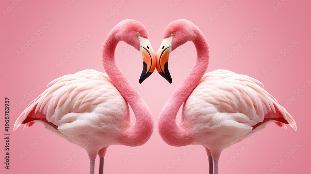 Naklejka premium Two Pink Flamingos Form a Heart Shape with Curved Necks in a Romantic Pose