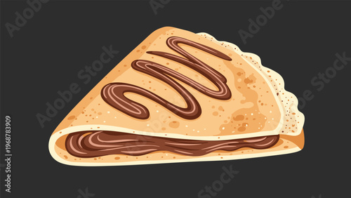 Delicious folded crepe filled with rich chocolate spread and drizzled with more chocolate topping isolated against a dark background.