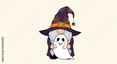 Adorable garden gnome wearing a purple witch hat and holding a small white ghost character for Halloween celebration.