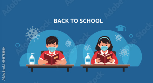 Boy and girl students wearing medical face masks and reading books at school desks with hand sanitizer and virus icons.
