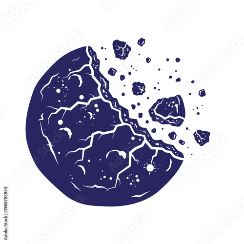 Dark blue silhouette of a round chocolate chip cookie with a large bite taken out and scattered crumbs on a white background