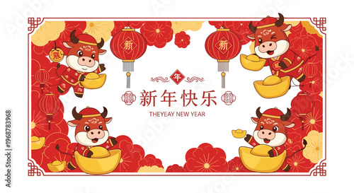 Festive banner for the Year of the Ox featuring four cute bulls holding gold ingots with traditional red lanterns.