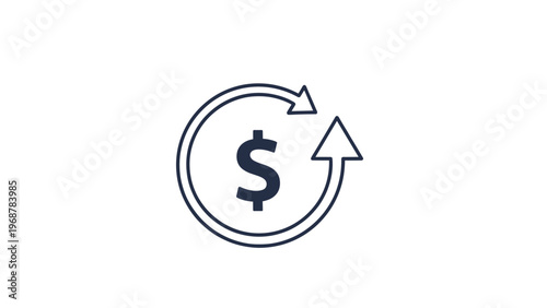 Dollar sign enclosed by two circular arrows representing money circulation financial exchange or recurring payment concepts on white background.