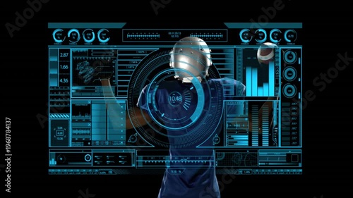 Football player touching HUD gauge in studio, HUD updating stats for sports, football appearing