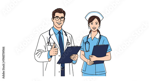 Friendly male doctor and female nurse in professional medical uniforms holding clipboards and giving a thumbs up.