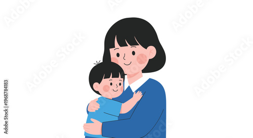 Heartwarming illustration of a mother in a blue dress tenderly hugging her small son showing love and affection.