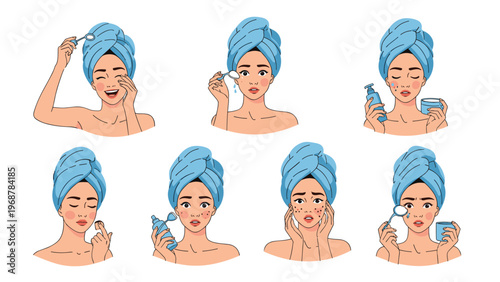 Collection of illustrations showing a woman performing various skincare routine steps like applying cream serum and treating acne blemishes.