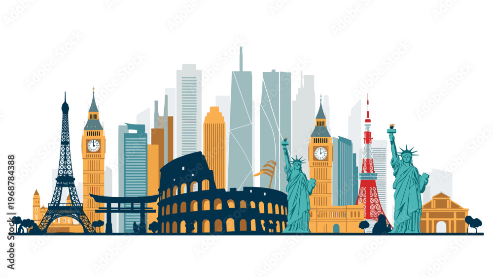 Obraz premium Panoramic skyline featuring famous global landmarks like the Eiffel Tower Big Ben Colosseum and Statue of Liberty for travel concepts.