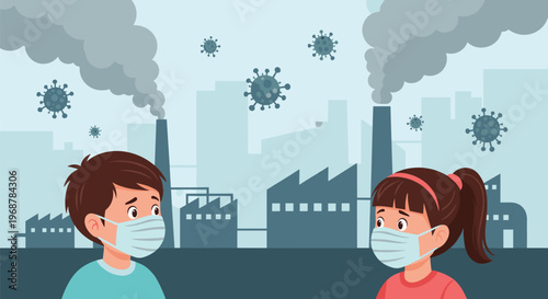 Boy and girl wearing masks in a city with factories emitting thick smoke and virus icons symbolizing air pollution.