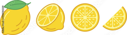 Lemon Fruit Slice Vector Set. Lemon fruit vector set with whole lemon slices and segments isolated fresh citrus food illustration
