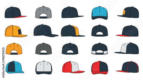 Grid of diverse baseball cap designs showing various color combinations and panel configurations for custom headwear manufacturing ideas.