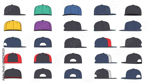 Extensive collection of baseball caps in different colors and views including front back side and angled perspectives for apparel design.