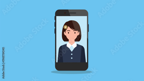 Digital portrait of a young woman with a flower in her hair displayed on a smartphone screen against a light blue background.