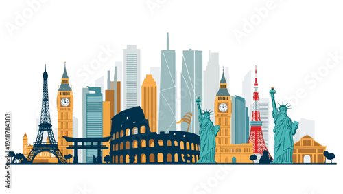 Panoramic skyline featuring famous global landmarks like the Eiffel Tower Big Ben Colosseum and Statue of Liberty for travel concepts.