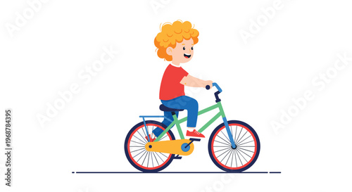 Happy young boy with curly orange hair riding a green bicycle on a white background in simple cartoon style.