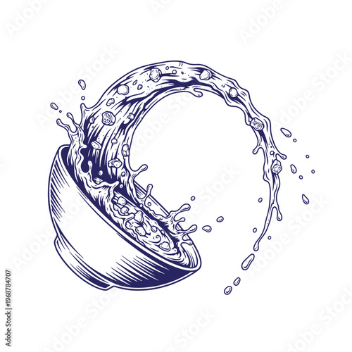 Ink of a cereal bowl with milk splashing out in a circular motion with floating crunchy cereal pieces isolated on a white background