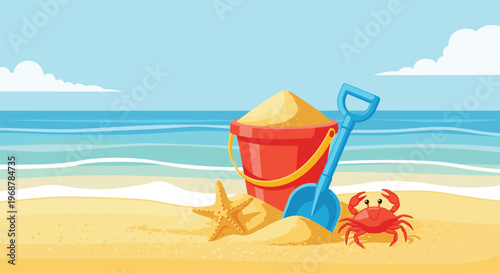 Colorful summer beach illustration featuring a red sand bucket, blue shovel, orange starfish, and a cute red crab on the shore.